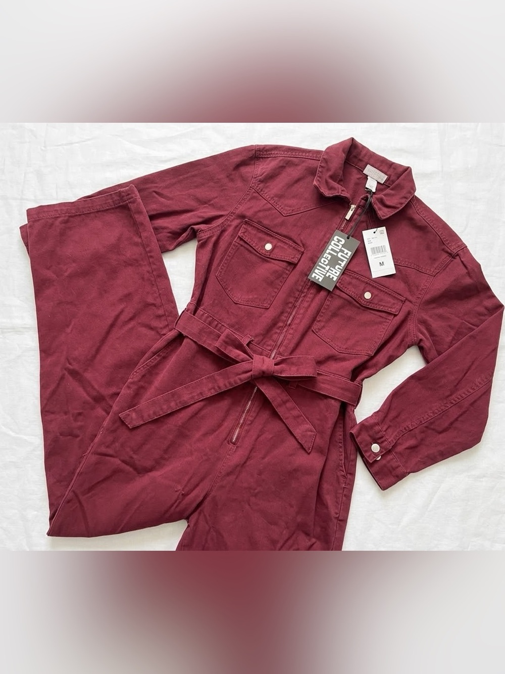 NWT Future Collective Maroon Red Long Sleeve Belted Utility Jumpsuit Women’s M